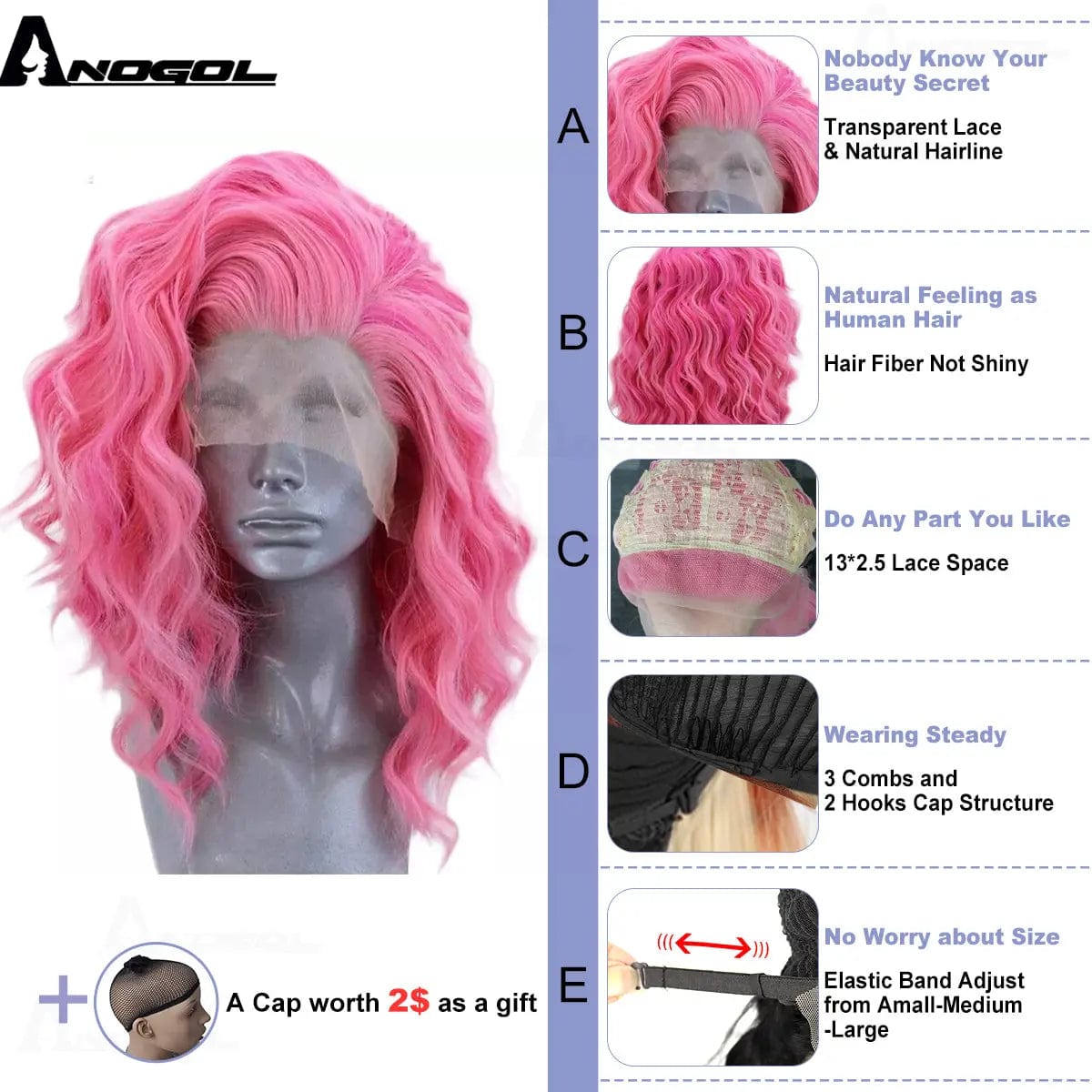 12 Inches / Pink Anogol Short Synthetic Pink Water Wave Glueless Wig