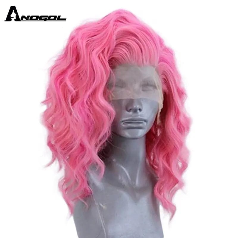 12 Inches / Pink Anogol Short Synthetic Pink Water Wave Glueless Wig