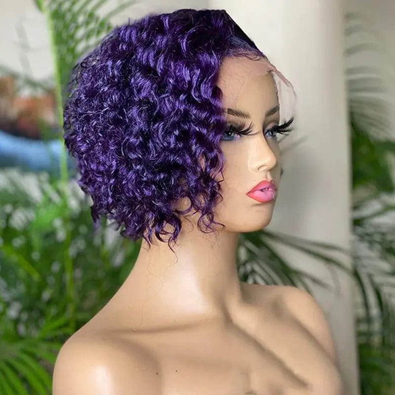 12 Inches / #Purple Short Pixie Cut Curly Wigs Pre Plucked Natural Hairline Brazilian Human Virgin Hair 13*4 Lace Front Wigs