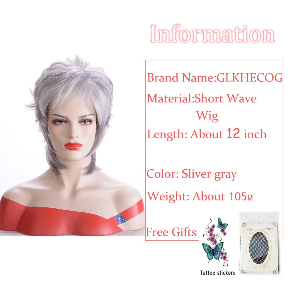 12 Inches / Sliver Gray Short Pixie Cut Wigs Natural Wavy Synthetic Hair For Women Sliver Gray Daily Wig With Bangs Heat Resistant Fiber