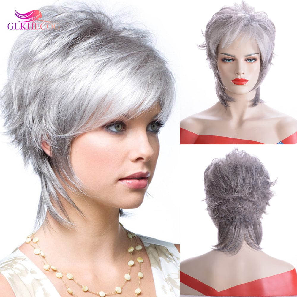 12 Inches / Sliver Gray Short Pixie Cut Wigs Natural Wavy Synthetic Hair For Women Sliver Gray Daily Wig With Bangs Heat Resistant Fiber