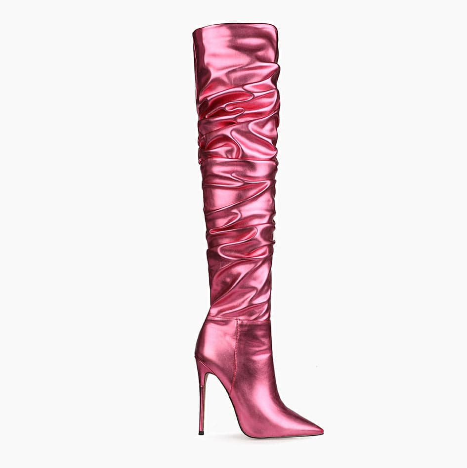 13.5 / Pink TX new design side zipper folding pointed toe  red ladies stiletto shoes over the knee long boots thigh high  for women