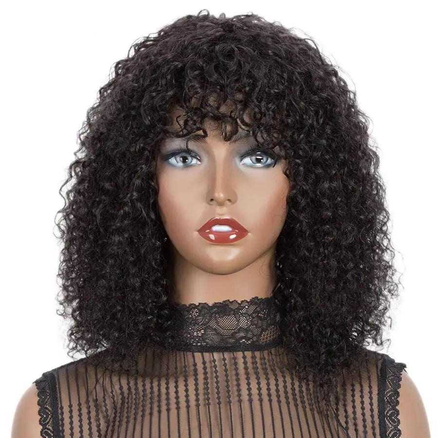 14 Inches / 1B Sleek Bob Wig With Bangs Kinky Curly Hair Wigs