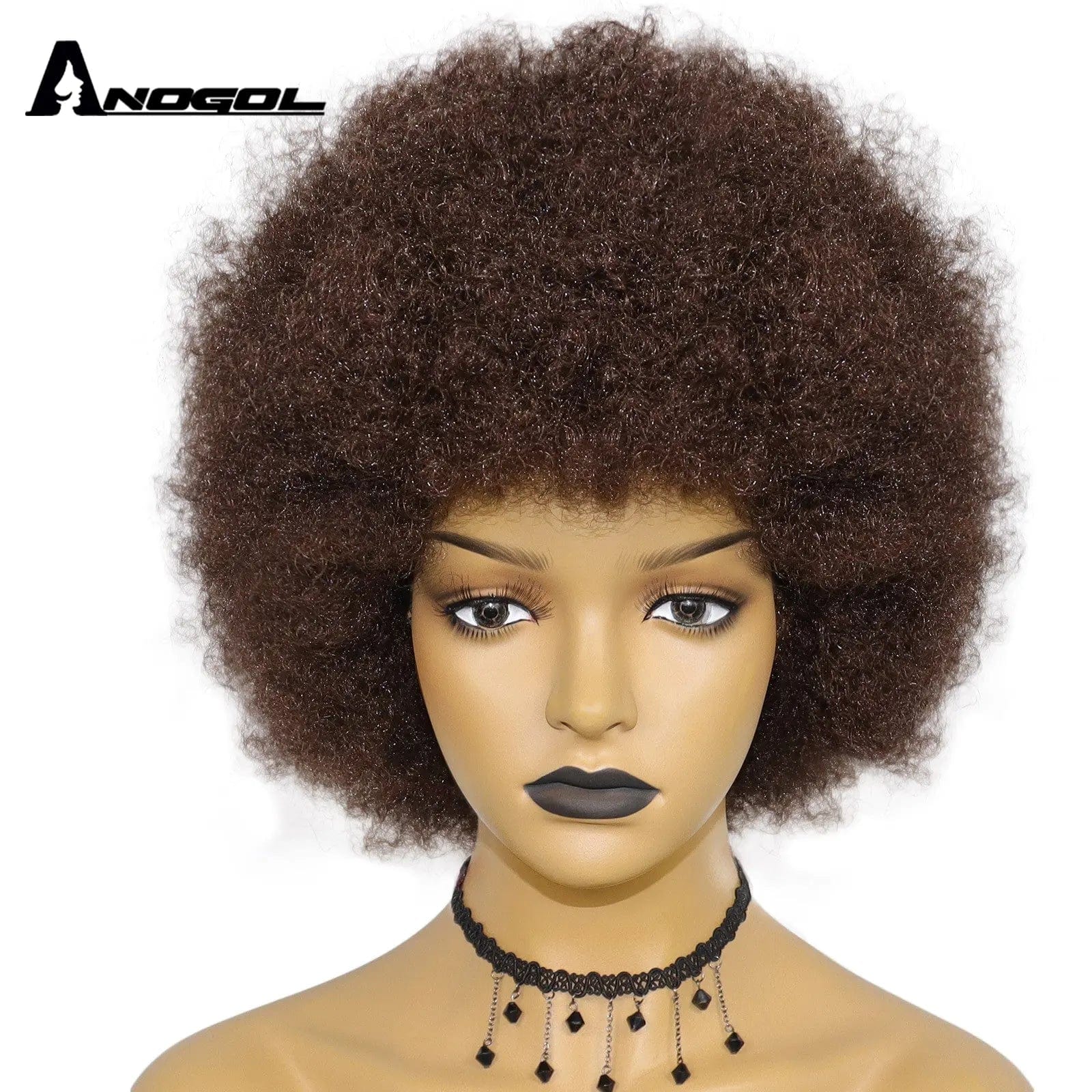 14 Inches / Brown Anogol Afro Kinky Curly Hair Wigs with Bangs