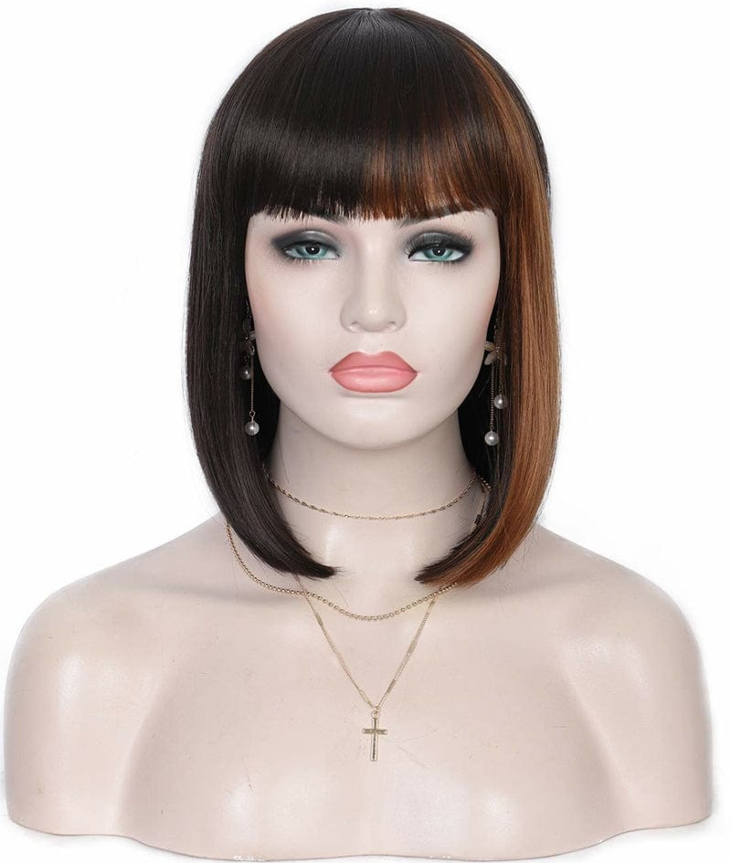 14 Inches / Chocolate Brown With Auburn Strips Xianniao Amazon New Style Short Black Straight Bob Wigs with Bangs Synthetic Wig for Black Women Party Daily Use Shoulder Length