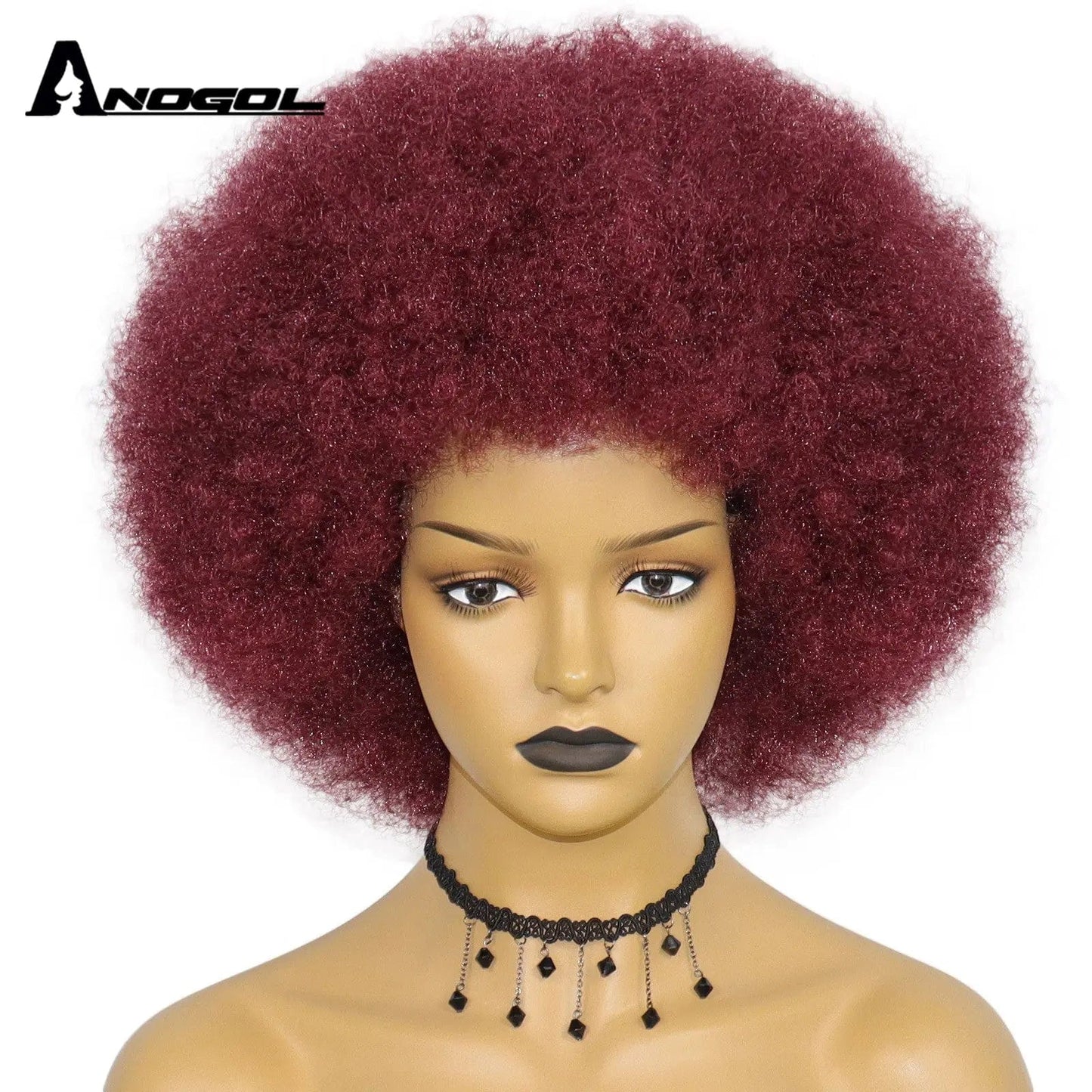 14 Inches / Dark Red Anogol Afro Kinky Curly Hair Wigs with Bangs