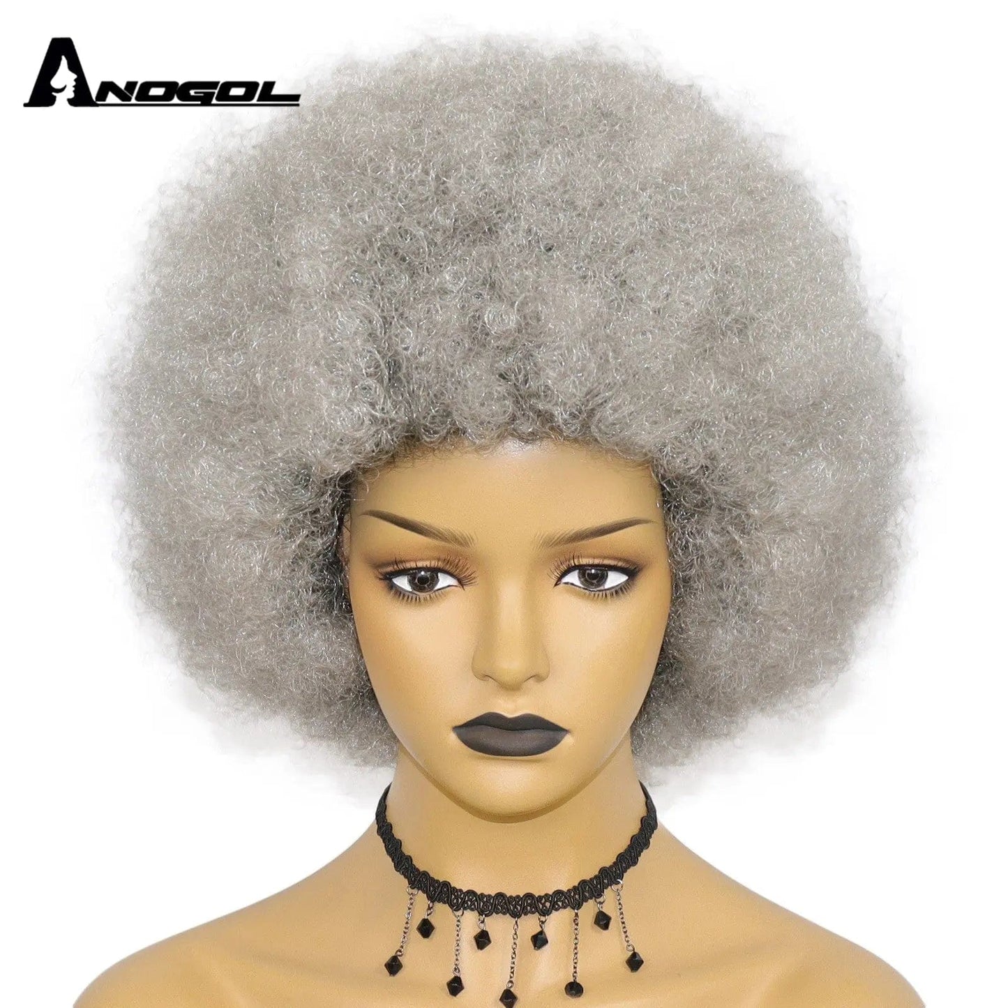 14 Inches / Gray Anogol Afro Kinky Curly Hair Wigs with Bangs