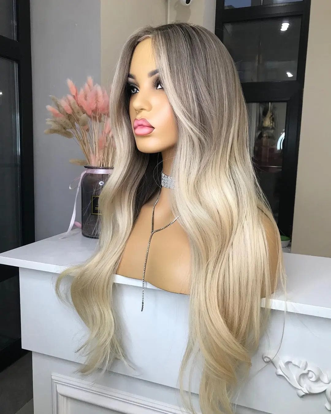 14 Inches / Highlight Ash Blonde Allure Romance Wavy Wigs Ombre Blonde Human Virgin Hair