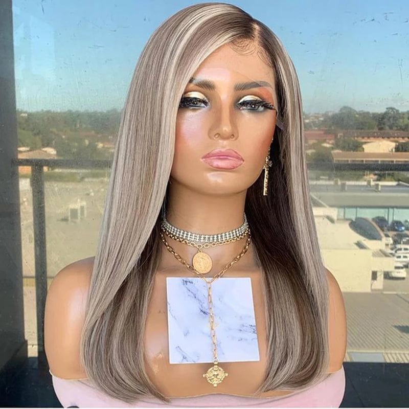 14 Inches / Highlight Ash Platinum Ombre Straight Wave Customized Texture Straight Wave Highlight Ash Platinum Ombre Raw Brazilian Cuticle Aligned Hair Transparent Lace Front Wigs