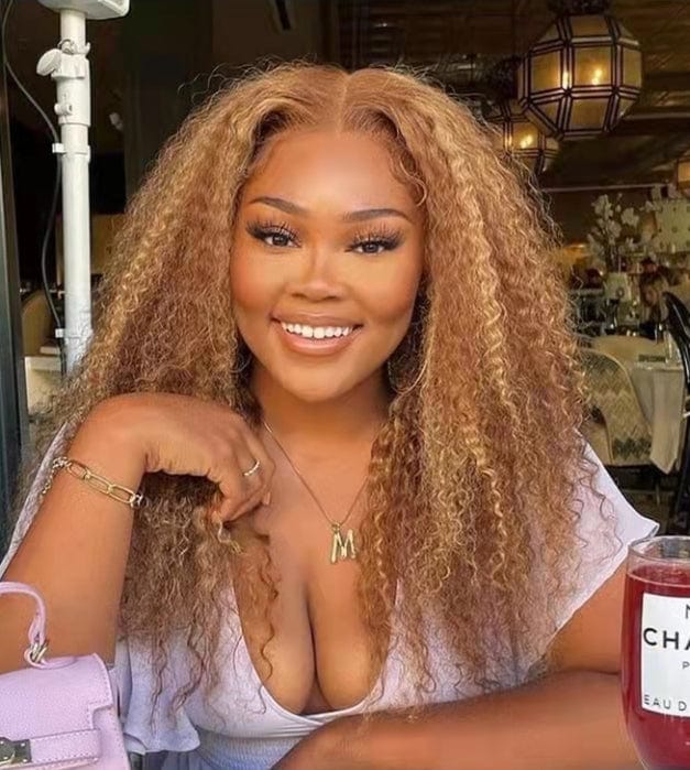 14 Inches / Highlights Honey Brown Afro Curly Human Hair Wigs Kinky Curly Highlights Honey Brown 13*4 Lace Front Wigs for Black Women