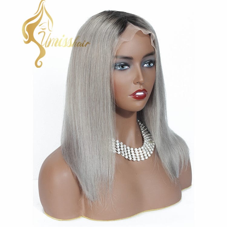 14 Inches / Ombre 1b grey Ombre Straight Human Wig Short Lace Frontal Grey Bob Human Hair Wigs Natural Wig Grey Hair For Lady