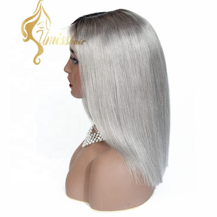 14 Inches / Ombre 1b grey Ombre Straight Human Wig Short Lace Frontal Grey Bob Human Hair Wigs Natural Wig Grey Hair For Lady