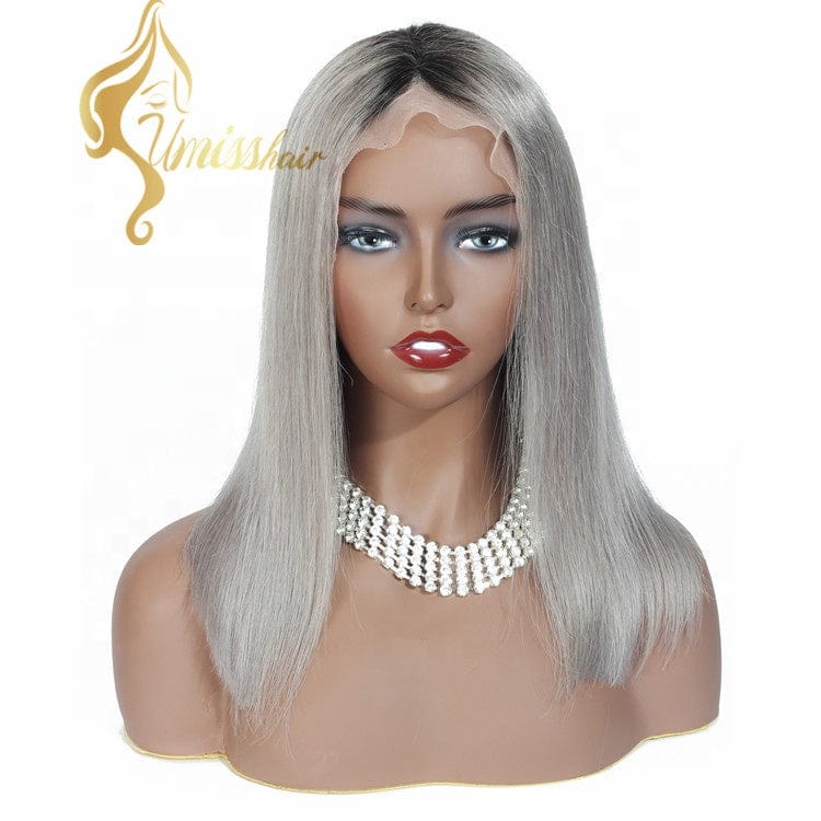 14 Inches / Ombre 1b grey Ombre Straight Human Wig Short Lace Frontal Grey Bob Human Hair Wigs Natural Wig Grey Hair For Lady