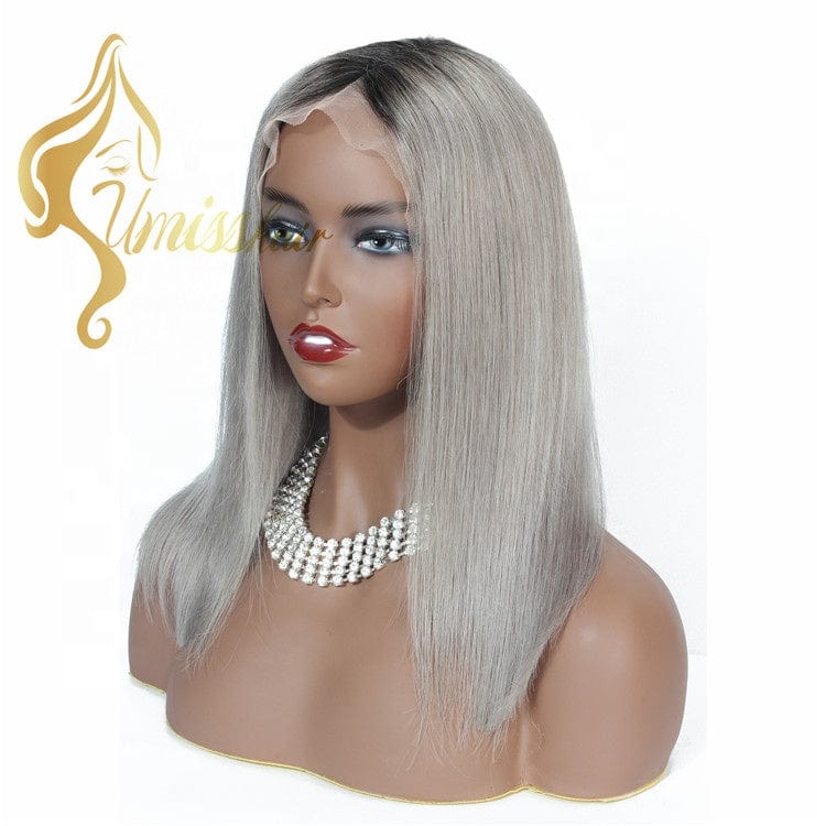 14 Inches / Ombre 1b grey Ombre Straight Human Wig Short Lace Frontal Grey Bob Human Hair Wigs Natural Wig Grey Hair For Lady