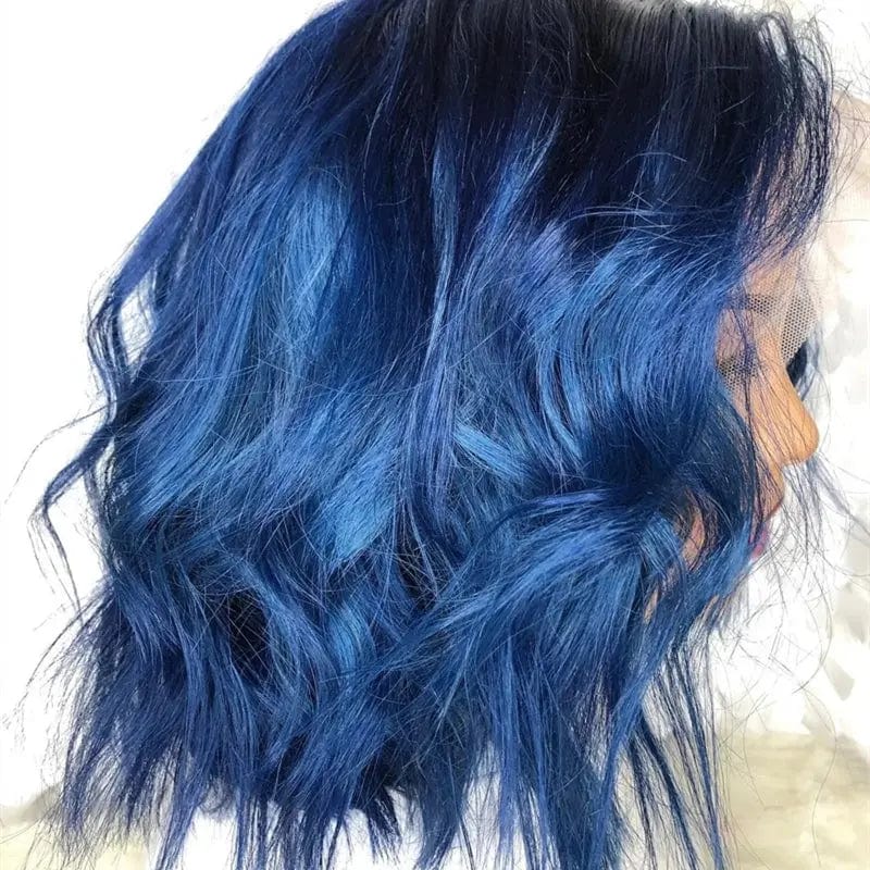 14 Inches / ombre blue Customized Ombre Blue Bob Wavy Wigs HD Lace