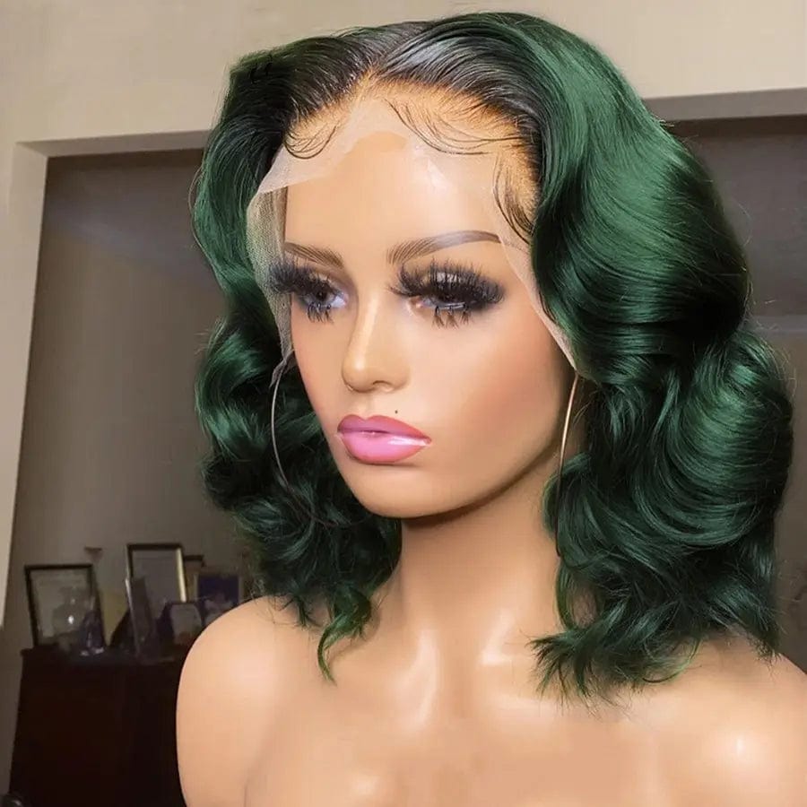 14 Inches / Ombre Green Wholesale Bob Wigs Ombre Green Body Wave  Raw Indian Human Hair 13*4 Lace Front Wigs for Black Women