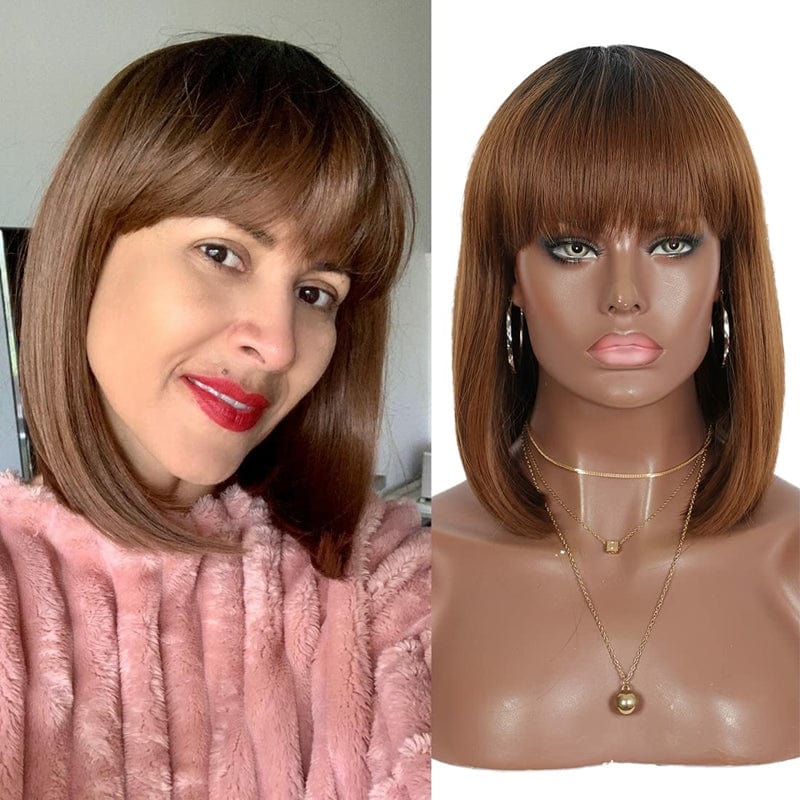 14 Inches / Ombre light brown Xianniao Amazon New Style Short Black Straight Bob Wigs with Bangs Synthetic Wig for Black Women Party Daily Use Shoulder Length