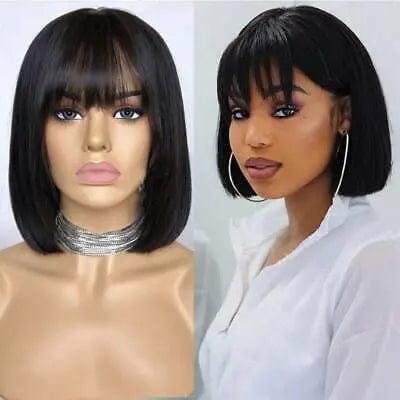 14 Inches / Silky straight Glueless Brazilian Short Bob Wig With Bangs