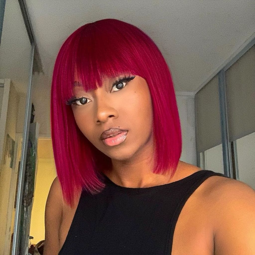 14 Inches / ST Bob Wig with Fringe Double Drawn Double Weft Pre Plucked Wigs Human Hair 99j, Straight Closure Frontl 99j Wig,raw Virgin Hair Wig 99j 1b