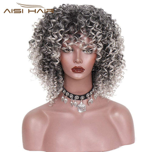 14 Inches / T1B-Grey# Aisi Hair New Design Afro Short Bob Kinky Curly Ombre Silver Wig With Bangs Shoulder Length Kinky Fluffy Wigs For Black Women