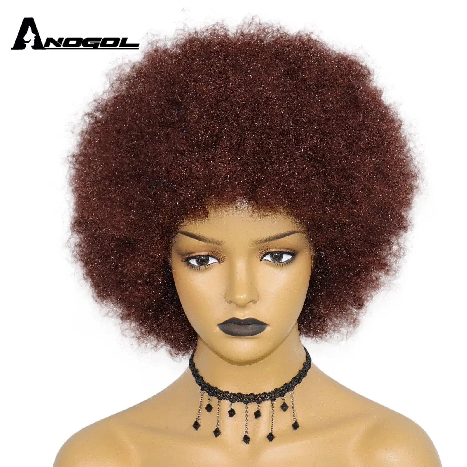 14 Inches / Wine Red Anogol Afro Kinky Curly Hair Wigs with Bangs