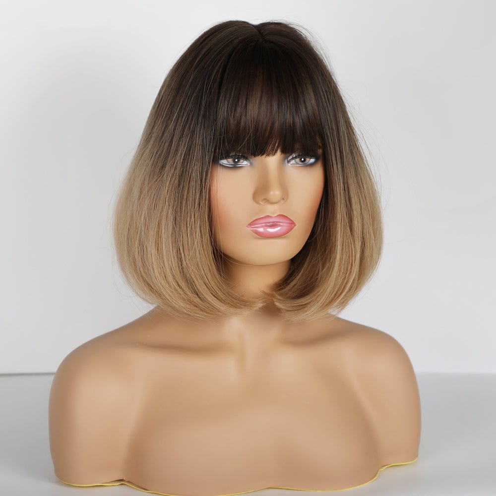 148 HAOLING Short Women's Wig Layered Brown to Light Blonde Ombre Wigs with Side Bangs Pixie Cut Synthetic Hair Wigs