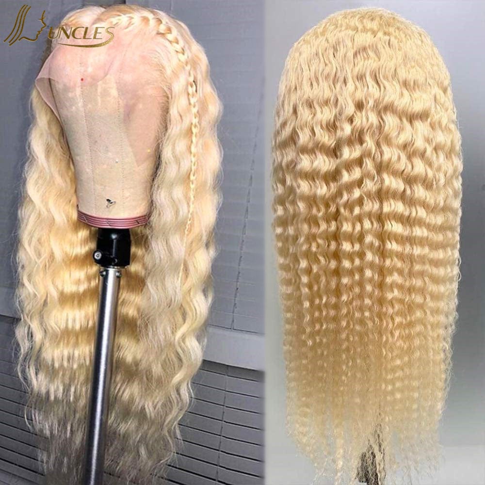 150 Density 28 inches / #613 Deep wave 12a wig 180 density 13x6 indian unprocessed human virgin hair wigs brown and blonde highlights curly frontal wig