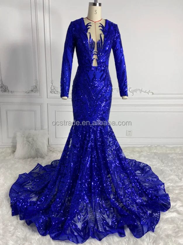 16 / 13-deep green Ocstrade Sparkly Sequin Mermaid Black Girl Royal Blue Prom Dresses Long Sleeve Sheer Plunging Neck Evening Ball Gown Prom Dress