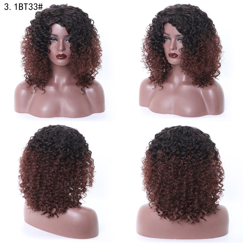 16 Inches / 1BT33# Short Hair Afro Curly Wig With Bangs Loose Synthetic Cosplay Fluffy Shoulder Length Wigs For Black Women Dark Brown