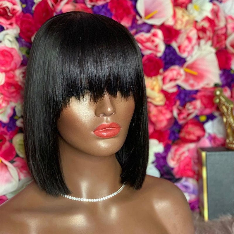 16 Inches / as picture Good Quality Short Bob Human Hair Wig With Bangs Preplucked Full Lace Wigs Virgin Hair With Natural Baby Hairs