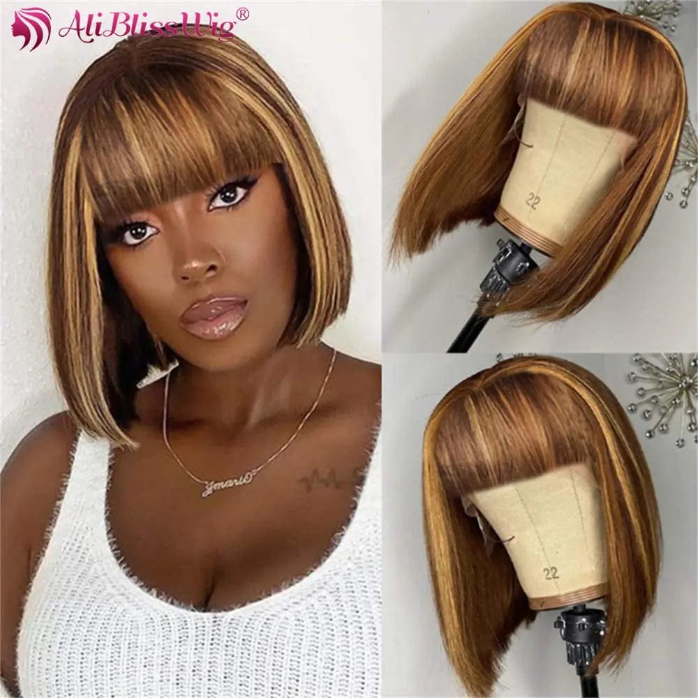 16 Inches / Highlight Brown Cheap 99J Burgundy Straight Short Bob Wig