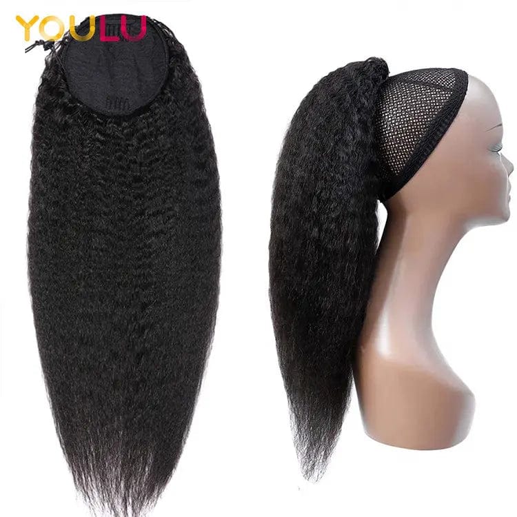 16 Inches / kinky straight Real hair ponytail clip in straight water wave remy human hair extensions drawstring net for ponytail