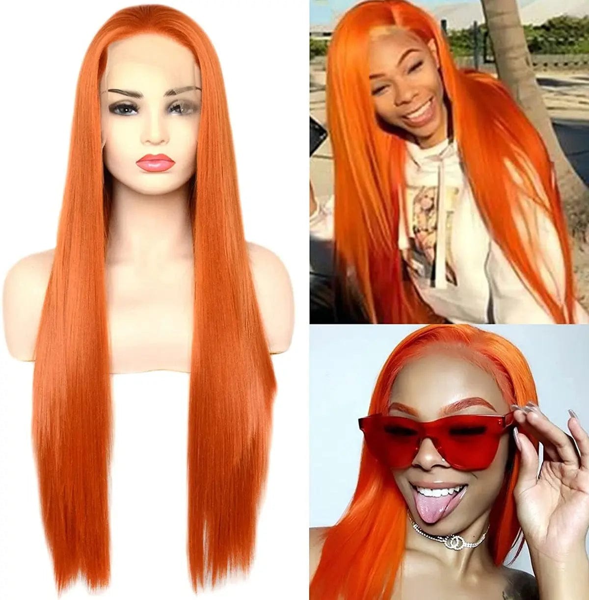 16 Inches / Orange Long Natural Synthetic Hair Wigs