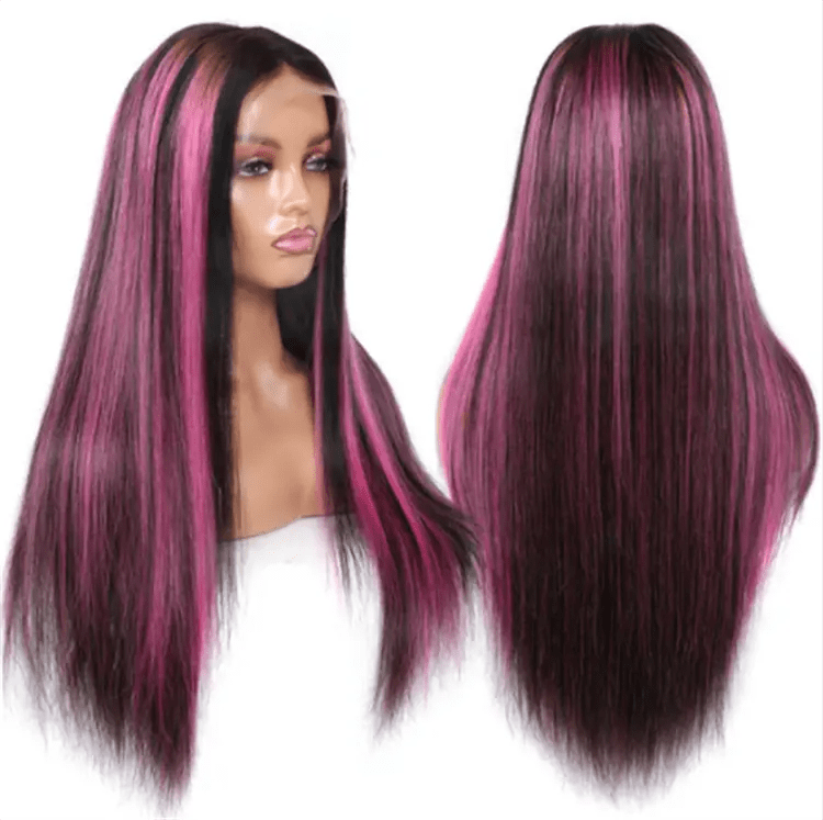 16 Inches / # style1 Cuticle Aligned Bone Straight Natural Black Pink Wig