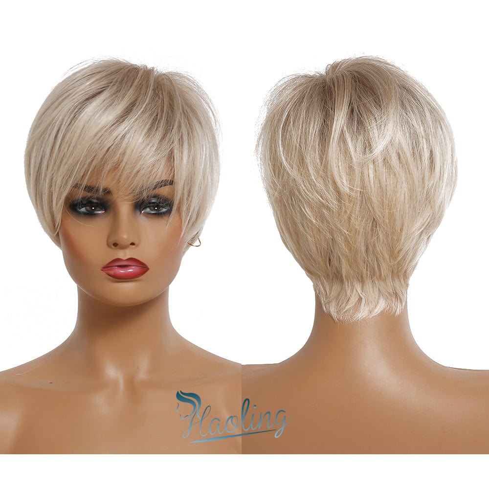 165-2 HAOLING Short Women's Wig Layered Brown to Light Blonde Ombre Wigs with Side Bangs Pixie Cut Synthetic Hair Wigs