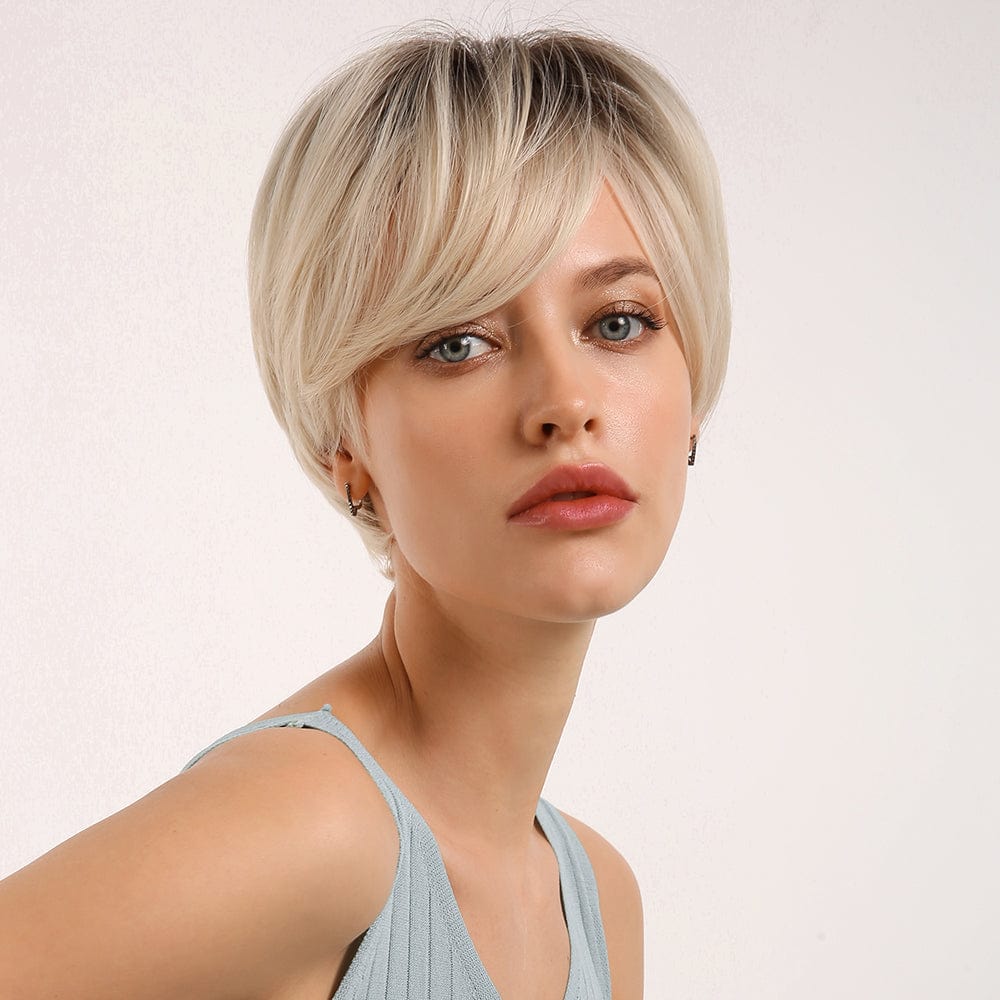 166 Fast delivery Synthetic Wigs for Women Straight Short Hair Wig with Real Top Scalp Pixie Cut Dark Brown Daily Wigs