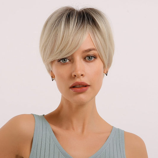 166 Fast delivery Synthetic Wigs for Women Straight Short Hair Wig with Real Top Scalp Pixie Cut Dark Brown Daily Wigs