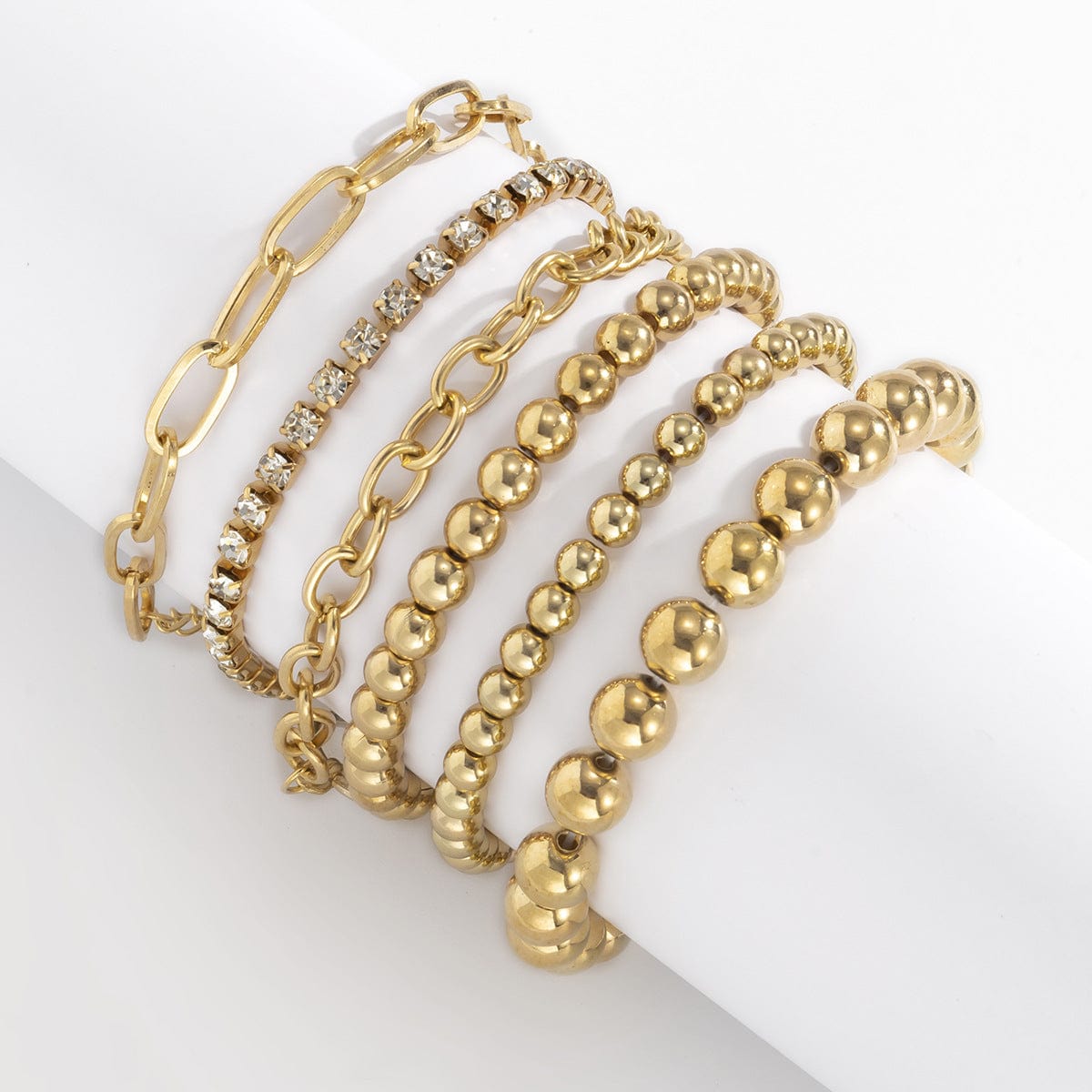 16cm / Gold Hip hop punk style inlaid diamond metal chain bracelet women's fashion trend CCB round bead bracelet 6pcs set accessories