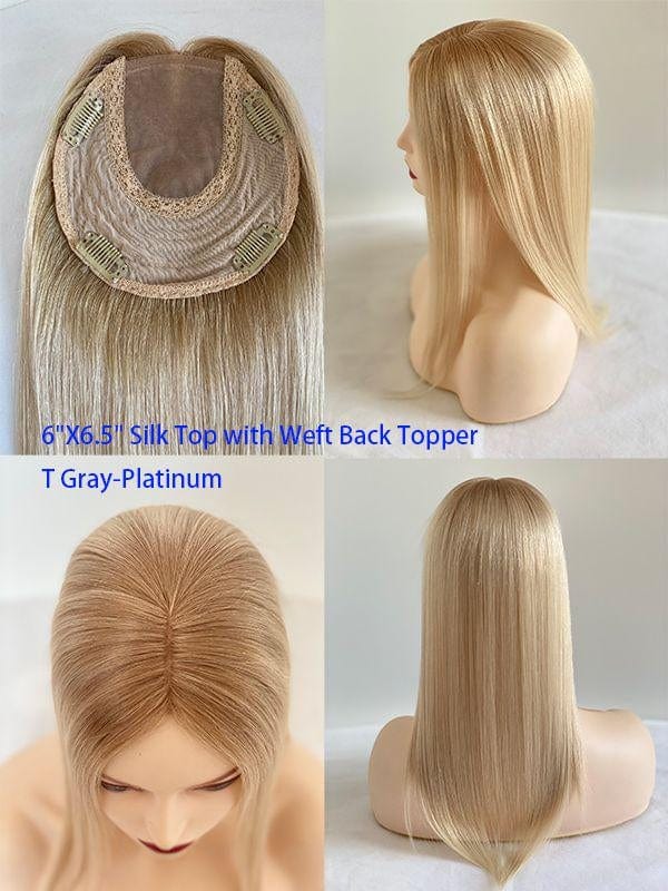 16inches / T Gray-Platinum 6X6.5 6"X 6.5'' 8''X 8'' Silk Top with Weft Back Silk Base Human Hair Wig