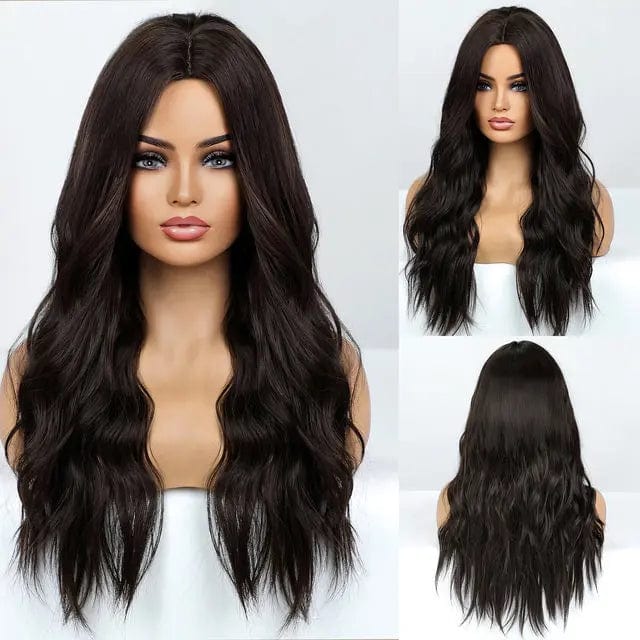 179-4 Natural Dark Black Wigs Middle Part Long Water Wave Synthetic Wigs for Women Cosplay Daily Party Heat Resistant Fiber