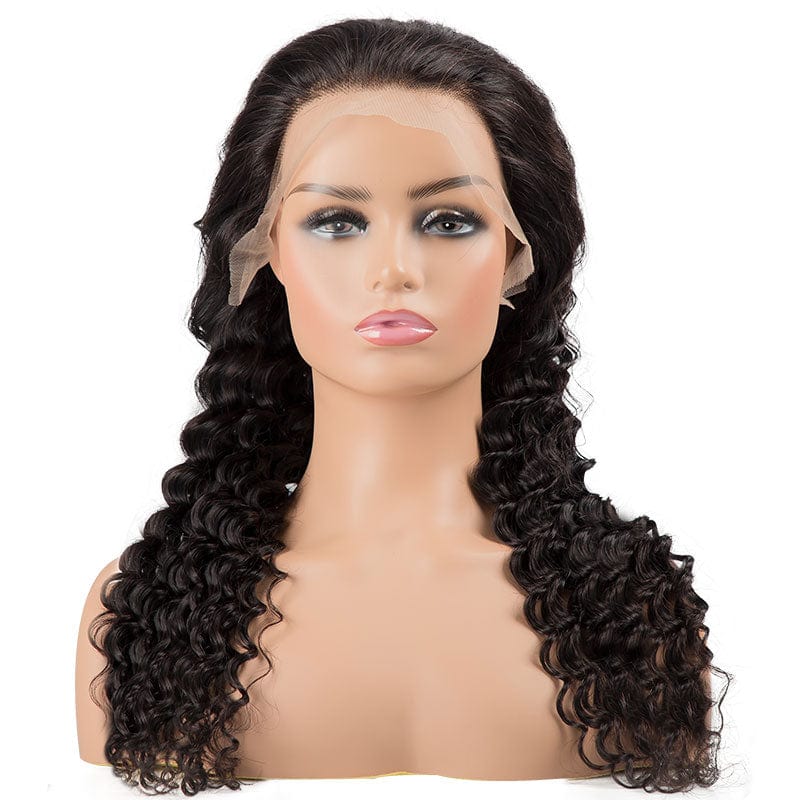 18 Inches / Deep Wave Kinky Curly Cuticle Aligned Virgin Human Hair Natural Lace Wig Bleached Knots Transparent Swiss HD Full Lace Front Closure Wig