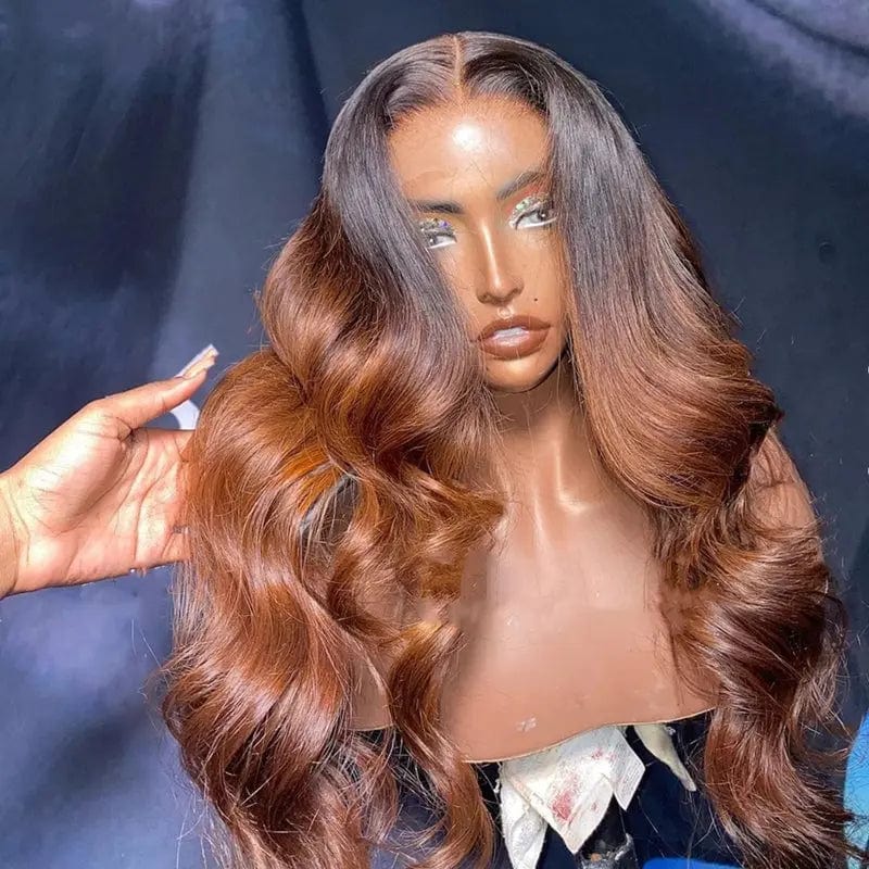 18 Inches / #Ombre Brown Luxury Water Wave Wig Cambodian Virgin Human Wavy Curly Unprocessed Frontal Laces Wigs Vendors