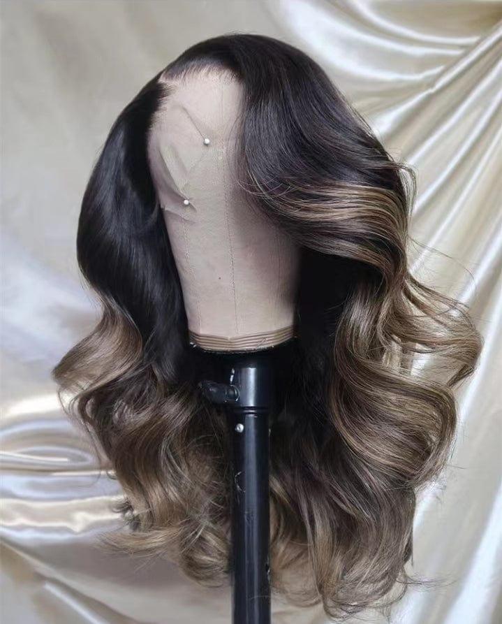 18 Inches / wig 3 Beautiful Highlight Blonde With Dark Brown Ocean Wave 100 Virgin Human Hair Invisible Lace Front Wigs