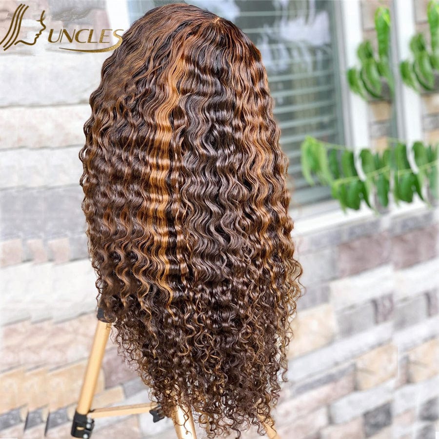 180 Density 26 inches / Highlight Deep Wave 12a wig 180 density 13x6 indian unprocessed human virgin hair wigs brown and blonde highlights curly frontal wig