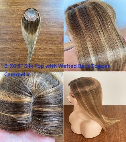 18inches / Caramel 6X6.5 6"X 6.5'' 8''X 8'' Silk Top with Weft Back Silk Base Human Hair Wig