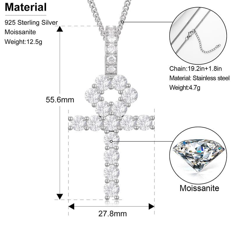 18inches / silver New Iced Out Ankh Cross Jewelry Luxury Pendant 925 Sterling Silver VVS Moissanite Diamond Cross Pendant Necklace