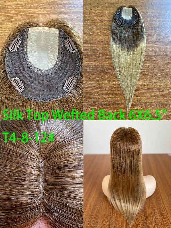 18inches / T4-8-12# 6X6.5 6"X 6.5'' 8''X 8'' Silk Top with Weft Back Silk Base Human Hair Wig