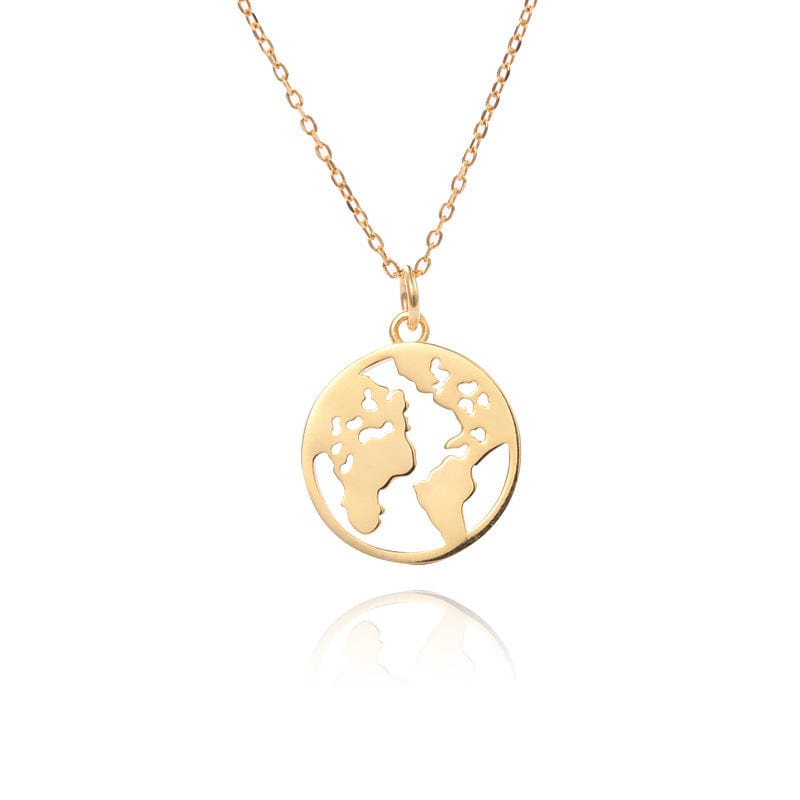 18inches / Yellow Gold Personalized S925 Sterling Silver Disc Globe World Map Necklace Gold Plated Hollow Circle Peace Earth Planet Pendant for Women