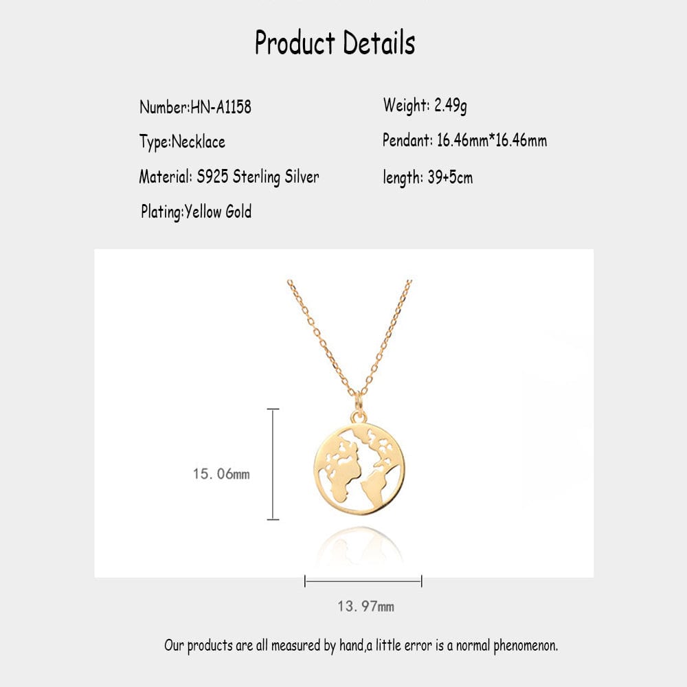 18inches / Yellow Gold Personalized S925 Sterling Silver Disc Globe World Map Necklace Gold Plated Hollow Circle Peace Earth Planet Pendant for Women