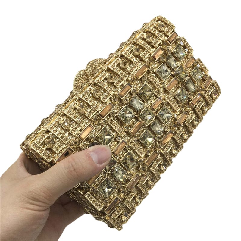 18X11X6CM / Gold Famous Shinny Gold Diamond Evening Bags Crystal Clutch Handbags Wedding Party Bridal Rhinestone Box Minaudiere Purse